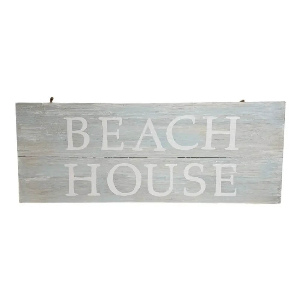 BEACH HOUSE Wooden Wall Plaque Blue Whited Washed